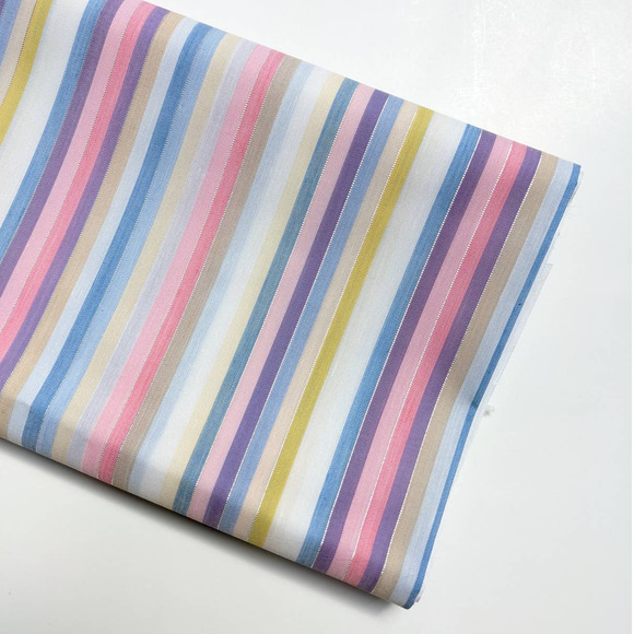 Vintage Pastel Rainbow Stripes Fabric with Metallic Silver, Cute Kawaii Fabric - Picture 2 of 10
